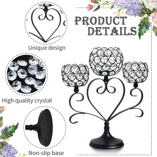 6 Pcs 3-Arm Heart Tea Light Candle Holder - Crystal & Metal Wedding Centerpiece Decor, Sparkling Table Decor for Anniversaries/Romantic Tabletop Home/Dinner Party/Events (6, Black) - Image 2