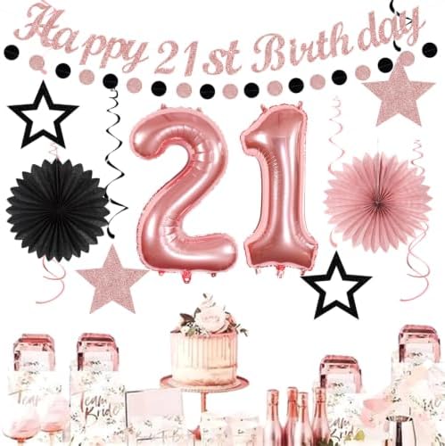 Rose Gold Pink Black 21st Womens Happy Birthday Party Decorations Hugmoon - Image 7