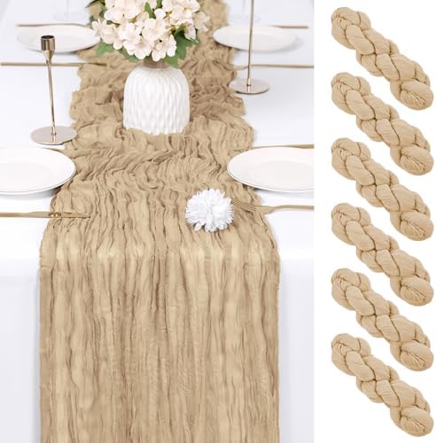 6 Pack Beige Cheesecloth Table Runner 17x108 Inch Semi Sheer Boho Gauze Cheese Cloth Fabric Table Runners Table Decor for Wedding Party Baby Shower Birthday Home Decor Garden Farmhouse by Unknown