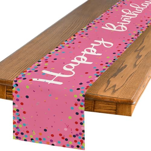 Artoid Mode Polka Dot Pink Happy Birthday Table Runner, Seasonal Kitchen Dining Table Decoration for Home Party Decor 13x90 Inch by ArtoidMode