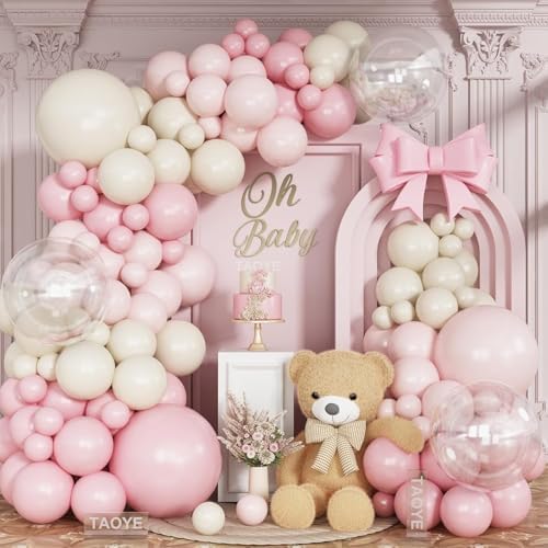 Pink White Balloon Arch Kit, Double Stuffed Pastel Pink Ivory White Balloon Garland, Baby Pink Cream White Balloons with 3pcs 18Inch Clear Balloons for Girls Birthday Baby Shower Party Decorations by TAOYE