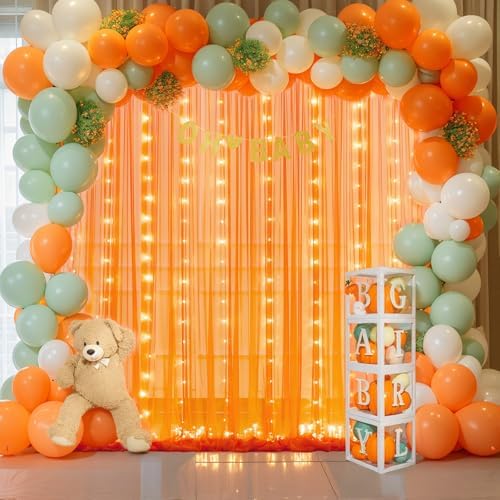 Orange Tulle Backdrop Curtain with Lights String for Parites 10x8ft Sheer Backdrop Curtains Drapes for Birthday Party Baby Shower Wedding Ceremony Prom Halloween Photo Booth Background Decorations - Image 3