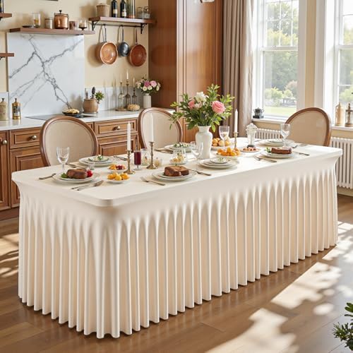 Light Champagne Spandex Table Covers for 8 Foot Rectangle Table, Fitted Stretch Table Skirts Wrinkle-Free Floor Length Polyester Rectangle Tablecloths for Weddings Parties Banquets Events,2 Pack - Image 4