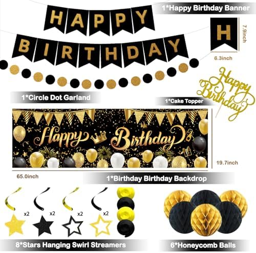 Gold Black Birthday Decorations, Happy Birthday Banner, Backdrop, Balloons, Honeycomb Balls, Star Foil Balloons, Stars Hanging Swirls & Cake Topper for Baby Boys Girl Men Women Birthday Decoration - Image 2