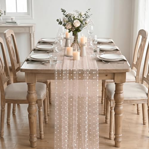 Artoid Mode Pink Gauze Flocking White Dots Table Runner 10FT,Seasonal Sheer Dining Table Decor for Wedding Anniversary Holiday Birthday Home Party - Image 2