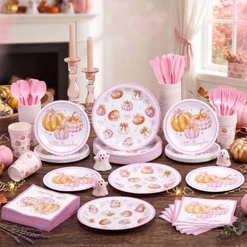 Pickmesh 400 Pcs Pink Little Pumpkin Birthday Party Plates Napkins and Cups - Image 4