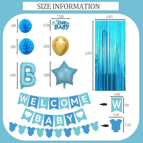 Blue Baby Shower Decorations- Girls Shower Decor Set With- Welcome Baby Banner, Clothes Banner, Fringe Curtains, Cake Topper, Honeycomb Ball, Dusty Blue Latex Balloon and Aluminum Foil Balloons (Boy) - Image 5