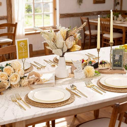 I00000 150Pcs Ivory Plastic Plates, Fancy Gold Plastic Plates Set for Party - Image 5