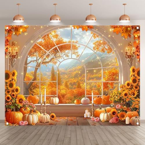 8x6ft Fabric Fall Window Pumpkin Sunflower Photography Backdrop - Image 2