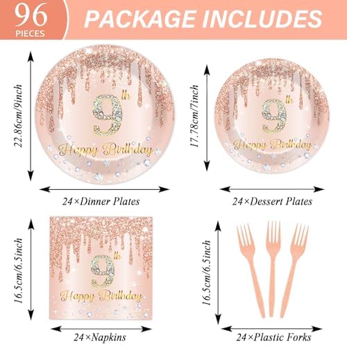96 Pcs Rose Gold 9th Birthday Party Plates and Napkins for Girls Rose Gold Party Supplies Pink Happy 9 Years Birthday Party Tableware Set for 24 Guests Party Decorations - Image 2