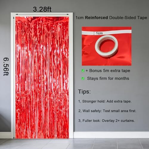 4 Pack Thickened Red Metallic Foil Fringe Curtains Streamer Rip Resistant Shimmer Tinsel Photo Booth Backdrop for Birthday Wedding Christmas Bachelorette Party Decorations 3.28ft x 6.56ft - Image 6