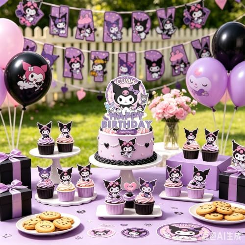 For kuromi Party Supplies, 49 PCS Birthday Decorations Set Include Banner, Balloons,, Hanging Swirls, Cake Cupcake Toppers, Tablecloth for Boys Girls Cat Theme Party - Image 4