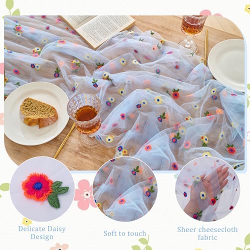 BINBE 6pcs Daisy Spring Table Runner Embroidery Gauze 10FT Florals Seasonal Tulle Holiday Birthday Kitchen Dining Table Decor for Home Party Blue - Image 3
