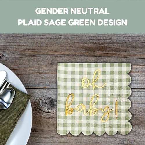Cloverjoyed 'Oh Baby' Baby Shower Decorations, 50 Pack, Gold Oh Baby Napkins in Plaid Sage Green Pattern, Scalloped Edges, Sage Green Baby Shower Napkins, Neutral Gender Reveal Decorations - Image 6