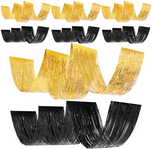 Breling 8 Pcs Black Gold Ceiling Fringe Curtains, Foil Drapes, 15 ft by Breling