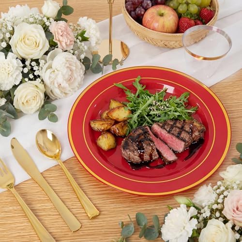 WDF Partyware 350Pieces Red Plastic Plates with Gold Rim Include 50Dinner Plate 10inch 50Dessert Plate 7inch 50 gold Cups 9 OZ, 50 Pre Rolled Napkins for Wedding/Birthday/Christmas/Party - Image 2