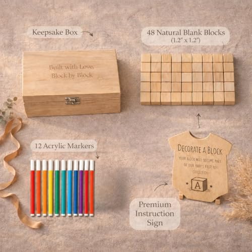 Nolia Baby Shower Blocks Decorating Game – 48 Wooden Cubes to Decorate, Storage Box, 12 Acrylic Markers & Instruction Sign (Natural) - Image 5