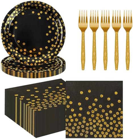 75PCS Black and Gold Paper Plates and Napkins Party Supplies, Disposable Black Gold Dessert Plates Black Napkins Tableware Dinnerware Set for Birthday Retirement Weddings Baby Shower Party Decor by BOKFJBP