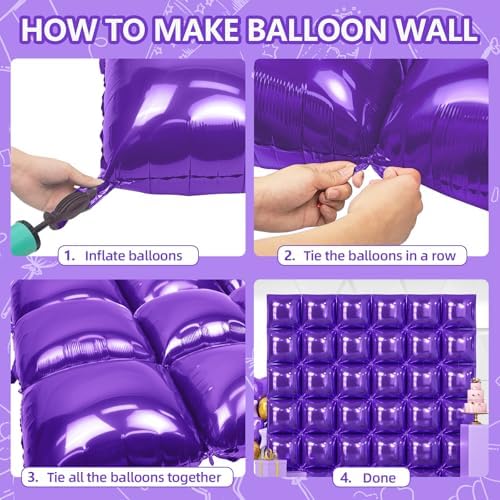 NISOCY 36PCS Metallic Purple Square Foil Balloons Wall Backdrop - Image 4
