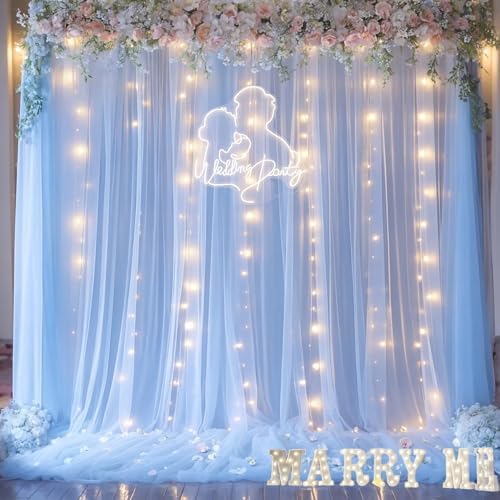 Baby Blue Backdrop Curtains with Lights String for Baby Shower Parties 2 Panels 5×10ft Sheer Tulle Backdrop Curtain Panels for Birthday Party Bridal Shower Photo Shoot Background Wall Decorations - Image 2