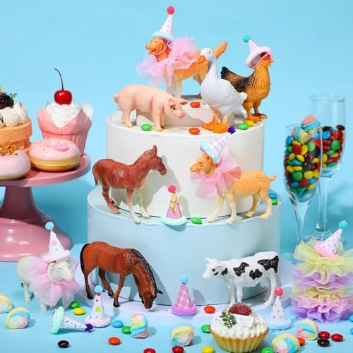 Weysat 27 Pcs Farm Animal Cake Toppers with Birthday Hat Tutu Skirt - Image 3