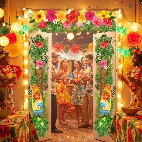 Peryiter 3 Pcs Hawaiian Summer Door Banners Luau Tropical Palm Leaf Flowers - Image 4