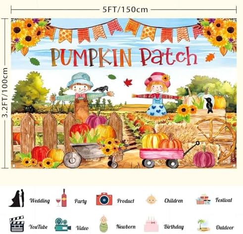 Fall Pumpkin Patch Backdrop Banner Thanksgiving Photography Background Happy Fall Festival Party Decorations Photo Booth Backdrop Wall Decor Indoor Outdoor for Kids 5x3 ft - Image 3