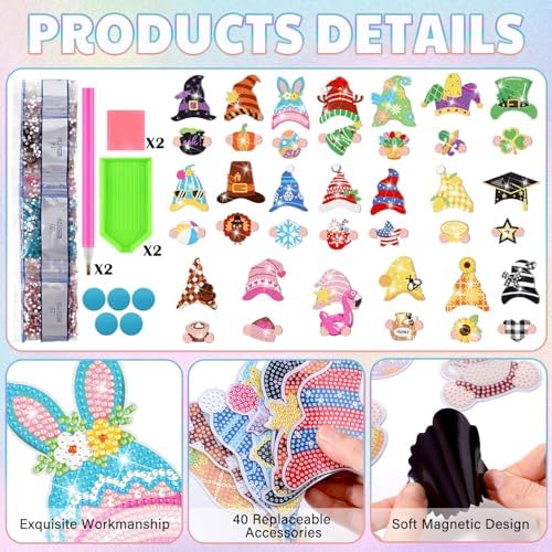 DoubleFill 42 Pcs Summer Diamond Kits 4th of July Interchangeable Wooden Table Decorations DIY Summer Holiday Party Seasonal Tiered Tray Art Decor Diamond Painting Magnets(Gnome) - Image 3