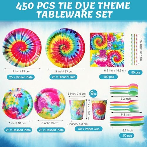 450 Pcs Tie Dye Tableware Set, Serve 50, Rainbow - Image 2
