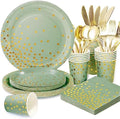 175 Pcs Sage Green Plates and Napkins Party Supplies - Sage Green Paper Plates Serve 25 Guests - Sage Green and Gold Disposable Plates Sets for Holiday Wedding Birthday Party Decoration by joyakkess