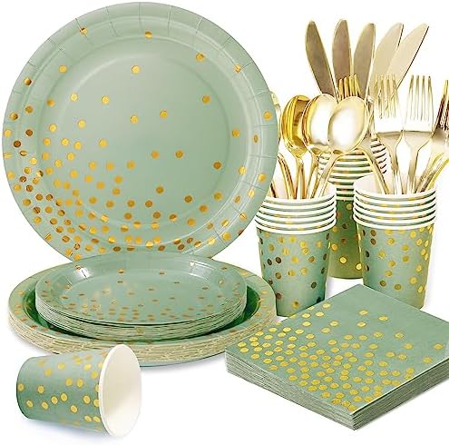175 Pcs Sage Green Plates and Napkins Party Supplies - Sage Green Paper Plates Serve 25 Guests - Sage Green and Gold Disposable Plates Sets for Holiday Wedding Birthday Party Decoration by joyakkess
