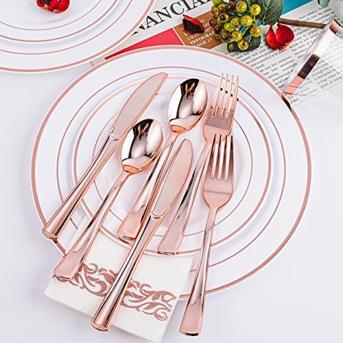 N9R 300PCS Rose Gold Plastic Silverware, Disposable Cutlery & Utensils - Image 5