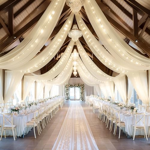 6 Panels Beige Ceiling Curtains with Lights for Weddings - 5ftx30ft Wrinkle-Free Tulle Fabric Wedding Arch Draping Ceiling Drapes Decorations for Wedding Party Ceremony Stage Tent Event - Image 7