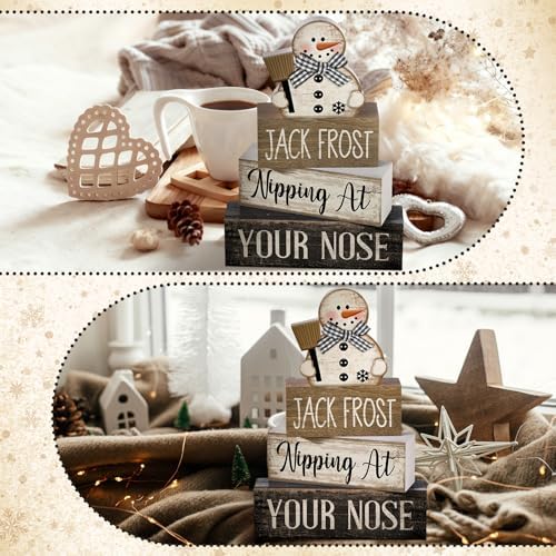Moucuny 4 Pcs Wooden Block Signs Snowman Farmhouse Table Decoration - Image 6