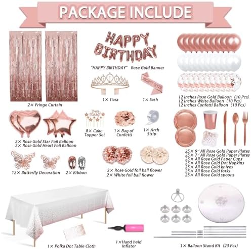 Guudmua 285 Pcs Rose Gold Party Decorations, Birthday Decorations For Women Or Girl - Knives, Forks and Spoons, Tiara, Butterfly, Sash, Paper Pom Poms, Balloon Stand, Tableware For 25 Guests - Image 2