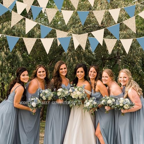30Ft Champagne Gold Dusty Blue Beige Party Decorations Pennant Banner Flag Hanging Paper Triangle Bunting for Birthday Graduation Wedding Shower Bachelor Retirement Nautical Party Supplies - Image 7