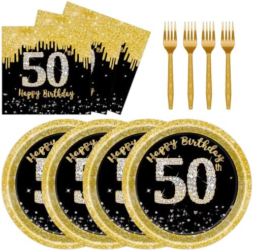 72 Pcs 50th Birthday Plates Napkins and Forks Set, 7 Inch, Back Gold by KFJBPB
