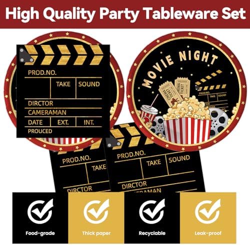 50Pcs Movie Night Plates and Napkins Party Supplies, Disposable Movie Theme Birthday Paper Plates Napkins Tableware Set for Film Action Lights Camera Popcorn Birthday Party Decorations (Movie Night) - Image 3
