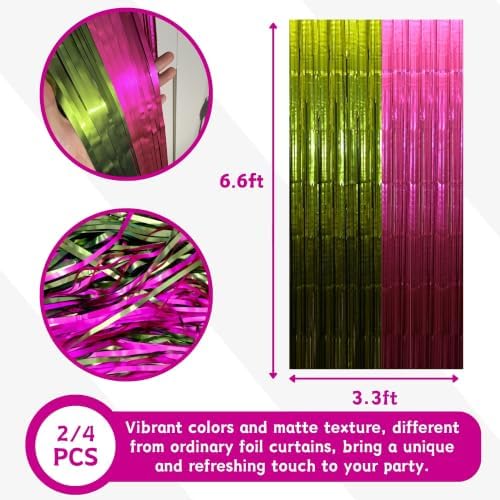 Hot Pink Lime Green Foil Fringe Curtains 4 Pack, Party Backdrop - Image 2