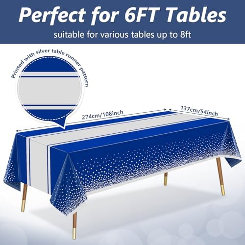 LANLISA Blue and Silver Tablecloth Party Decorations 12 Pack, Disposable Plastic Table Cloths for Graduation Birthday Retirement Masquerade Party Decor - Image 3