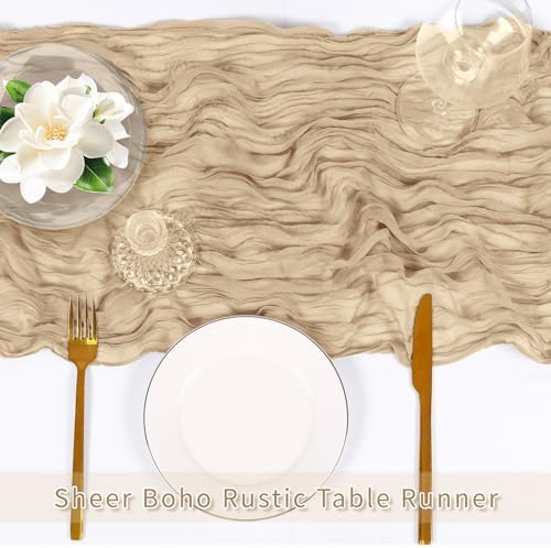 3 Pack Beige Cheesecloth Table Runner, 17 x 108 inch, Semi Sheer Boho Cheese Cloth Fabric Table Runner Bulk for Wedding, Birthday, Party, Holiday, Home Decor (Beige) - Image 5