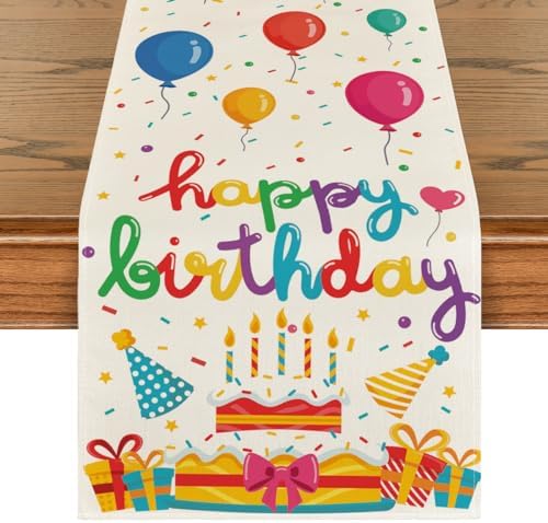 Artoid Mode Cakes Gift Hats Candle Happy Birthday Table Runner, Seasonal Kitchen Dining Table Decoration for Home Party Decor 13x72 Inch by ArtoidMode