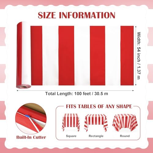 100FT x 54IN Carnival Red & White Striped Tablecloth Roll with Cutter Box - Image 7
