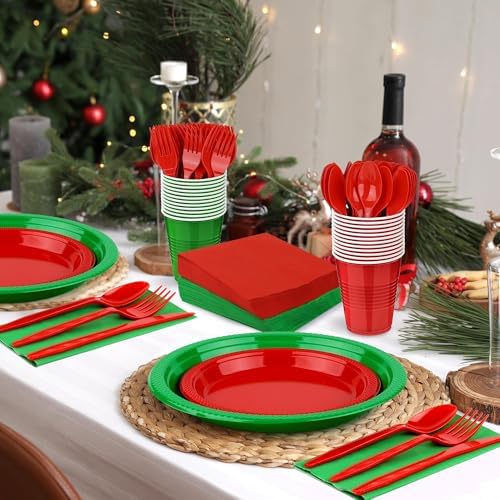 Aodaer 400 Pieces Christmas Party Supplies Red Green Plastic Dinnerware Include Plates Cups Knives Forks Spoons Paper Napkins for Christmas Birthday Wedding Parties, Serve 50 Guests - Image 6
