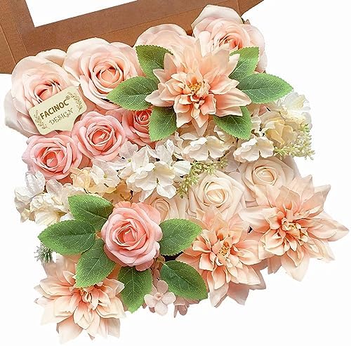 FACINOC Roses Artificial Flowers Peach Pink Bouquet Fake Flower Box Set by FACINOC
