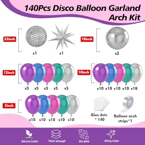 Disco Balloons Garland Arch Kit - 22 18 12 10 5 inch Metallic Purple Blue Hot Pink Green Silver Chrome Disco Balloon with for Birthday Sing Themed 70S 80S 90S Bachelorette Party Decorations - Image 2
