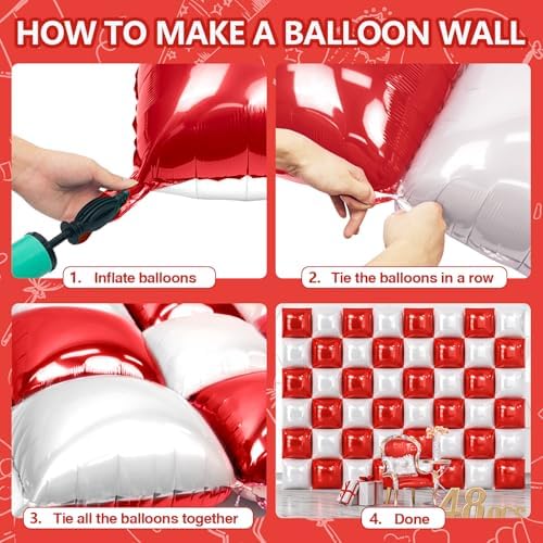 NISOCY 48PCS Red and White Square Foil Balloons Wall Backdrop - Image 5