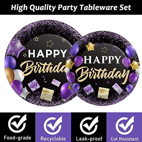 gisgfim 50 Guests Purple Birthday Party Supplies Purple and Black Plates and Napkins Forks Happy Birthday Tableware Paper Plates for Women Girl Party 200PCS - Image 3