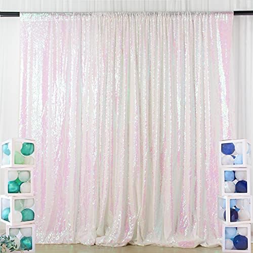 ShinyBeauty Photo Booth Backdrop - Iridescent White Sequin 8FTX10FT Sparkle Backdrop for Baby Shower & Birthday by ShinyBeauty