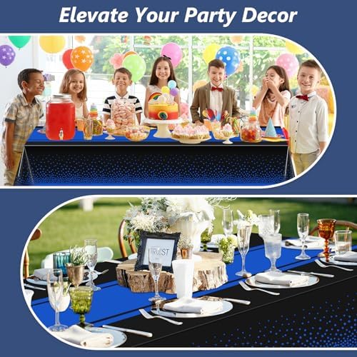 LANLISA Black and Blue Tablecloth Party Decorations 2 Pack, Disposable Plastic Table Cloths for Boss Baby Birthday Graduation Retirement Masquerade Party Decor - Image 6